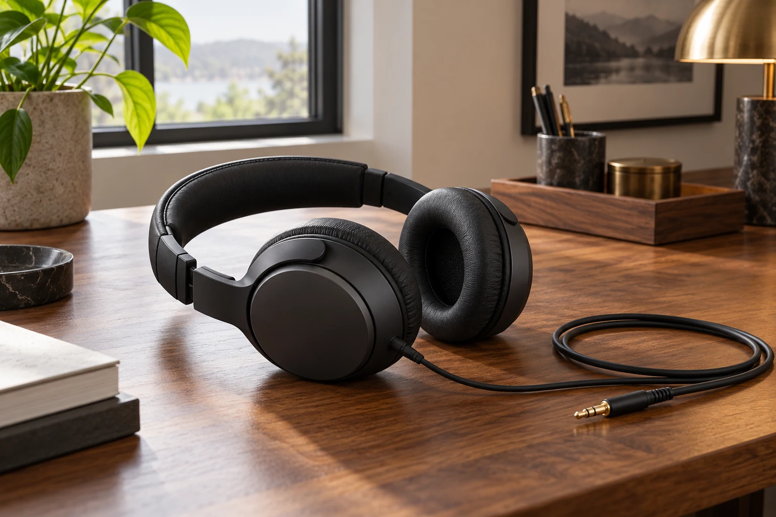 Wired headphones on a quiet listening desk